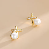 Cross Pearl Stud Earrings Silver Women's Jewelry