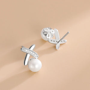 Cross Pearl Stud Earrings Silver Women's Jewelry