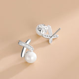 Cross Pearl Stud Earrings Silver Women's Jewelry
