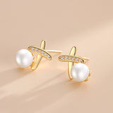 Cross Pearl Stud Earrings Silver Women's Jewelry