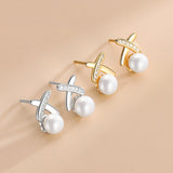 Cross Pearl Stud Earrings Silver Women's Jewelry