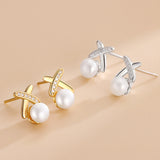 Cross Pearl Stud Earrings Silver Women's Jewelry