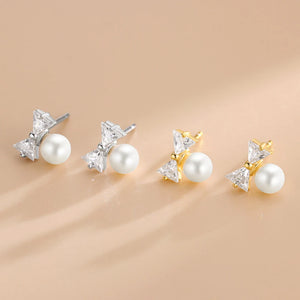 S925 Silver Zircon Bow Pearl Stud Earrings Women K Plated