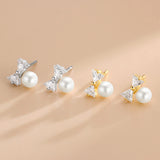 S925 Silver Zircon Bow Pearl Stud Earrings Women K Plated