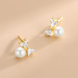 S925 Silver Zircon Bow Pearl Stud Earrings Women K Plated