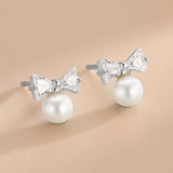 S925 Silver Zircon Bow Pearl Stud Earrings Women K Plated