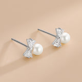 S925 Silver Zircon Bow Pearl Stud Earrings Women K Plated
