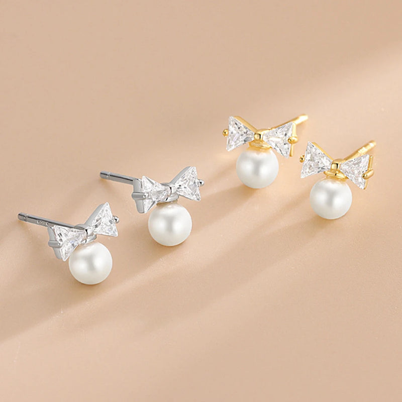 S925 Silver Zircon Bow Pearl Stud Earrings Women K Plated