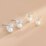 S925 Silver Zircon Bow Pearl Stud Earrings Women K Plated