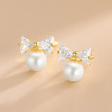 S925 Silver Zircon Bow Pearl Stud Earrings Women K Plated