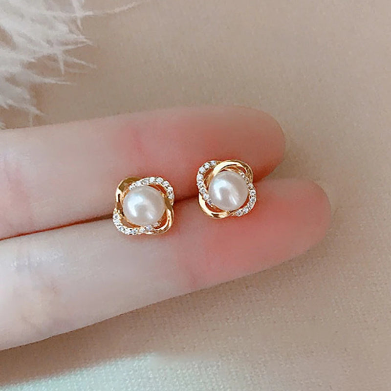 S925 Silver Zircon Diamond Pearl Stud Earrings Women Jewelry