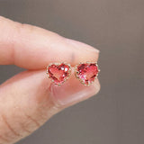 S925 Sterling Silver Pink Heart Diamond Stud Earrings