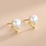 S925 Zircon V Pearl Stud Earrings Women K Plated Jewelry