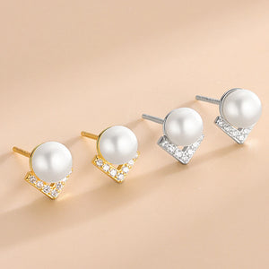 S925 Zircon V Pearl Stud Earrings Women K Plated Jewelry