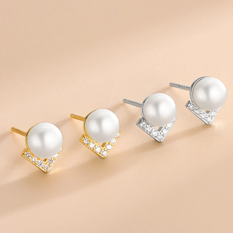 S925 Zircon V Pearl Stud Earrings Women K Plated Jewelry
