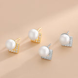 S925 Zircon V Pearl Stud Earrings Women K Plated Jewelry