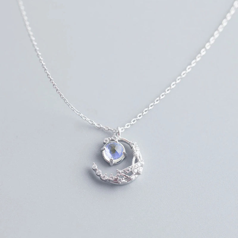S925 Silver Moon Necklace Glass Women Pendant Jewelry Holiday Gift