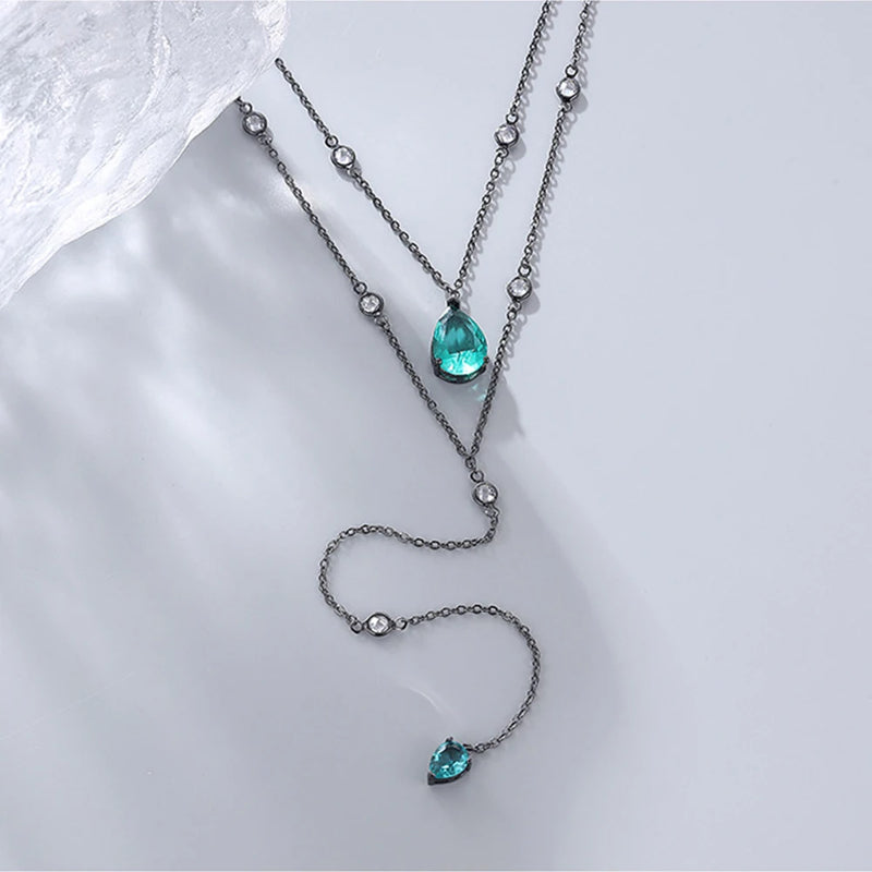S925 Silver Necklace Green Diamond Pendant Double Layer Necklace