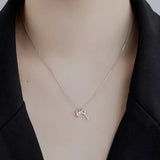 S925 Silver Key Necklace Pink Heart Zircon