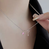 S925 Silver Key Necklace Pink Heart Zircon