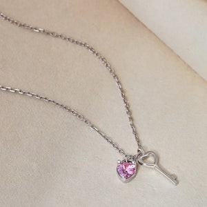 S925 Silver Key Necklace Pink Heart Zircon