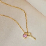 S925 Silver Key Necklace Pink Heart Zircon