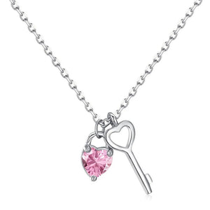 S925 Silver Key Necklace Pink Heart Zircon