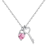 S925 Silver Key Necklace Pink Heart Zircon