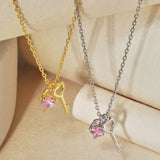 S925 Silver Key Necklace Pink Heart Zircon