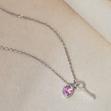 S925 Silver Key Necklace Pink Heart Zircon