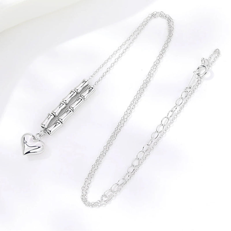 S925 Sterling Silver Necklace Bamboo Heart Chain Female Jewelry
