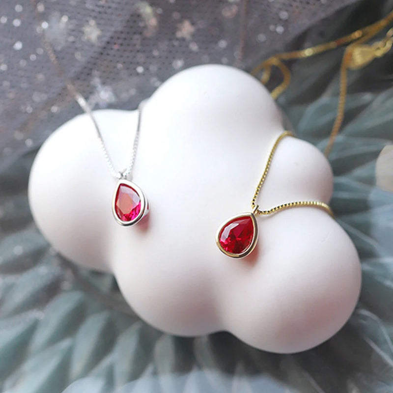 S925 Sterling Silver Red Diamond Water Drop Necklace for Women