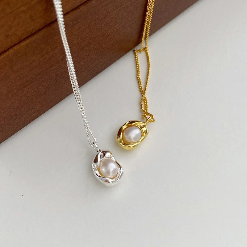 S925 Silver Pearl Necklace Women Irregular Pendants Jewelry Gift Party