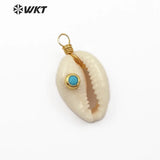 Cowrie Shell Pendant Gemstone Charm Brass Wire Wrapped Pendant
