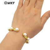 Tiny Brass Pearl Bangle Women Gorgeous Adjustable Pearl Bangle