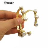 Tiny Brass Pearl Bangle Women Gorgeous Adjustable Pearl Bangle