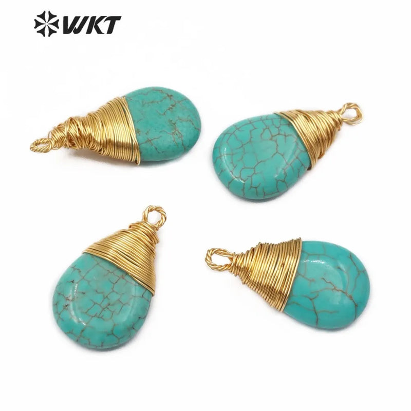 Howlite Teardrop Pendant with Turquoises & Brass Wire Wrap