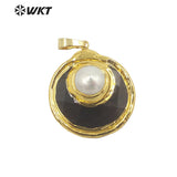 Round Cat Eye Pendant with Pearl Charm and Stone Accents
