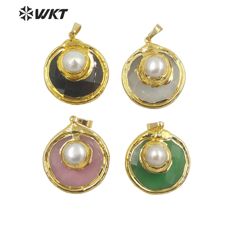 Round Cat Eye Pendant with Pearl Charm and Stone Accents