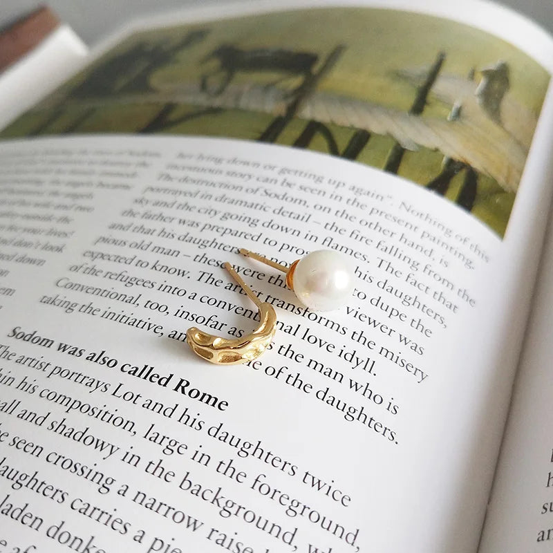 925 Silver Asymmetric Pearls Stud Geometric Hammered Post Earrings