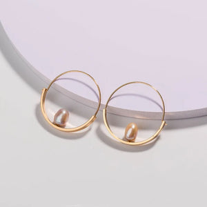 Single Pearl Hoops Earrings Modern Circle Jewelry