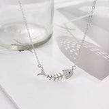 CZ Fish Bone Choker Necklace 925 Sterling Silver Skeleton Minimal Charms
