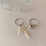 Metal Ball Pearl Hoop Earrings Vintage Asymmetric Charms