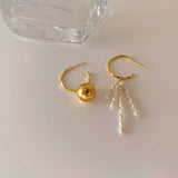 Metal Ball Pearl Hoop Earrings Vintage Asymmetric Charms