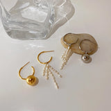 Metal Ball Pearl Hoop Earrings Vintage Asymmetric Charms