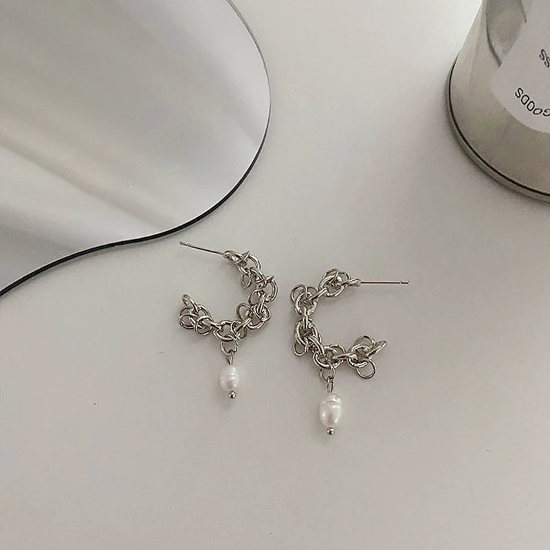 Vintage C Shaped Hoop Earrings with Freshwater Pearls