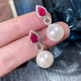 925 Silver Pearl 12MM Ruby Sapphire Earrings Anniversary Gift