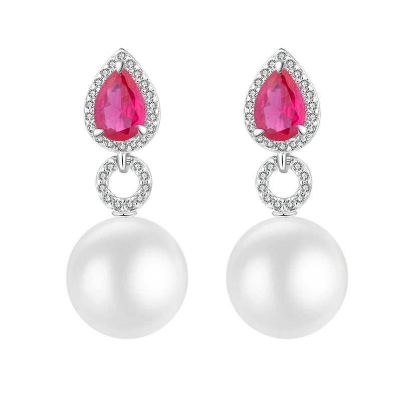 925 Silver Pearl 12MM Ruby Sapphire Earrings Anniversary Gift