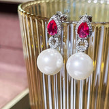 925 Silver Pearl 12MM Ruby Sapphire Earrings Anniversary Gift