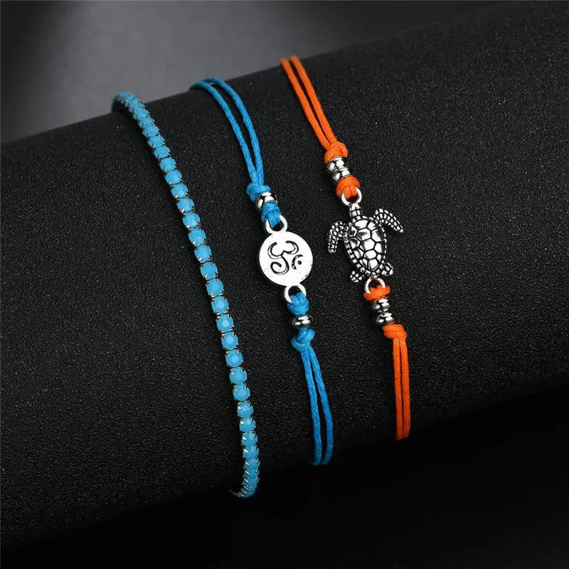 Vintage Flower Anklets Turtle Charm Ankle Bracelet Set